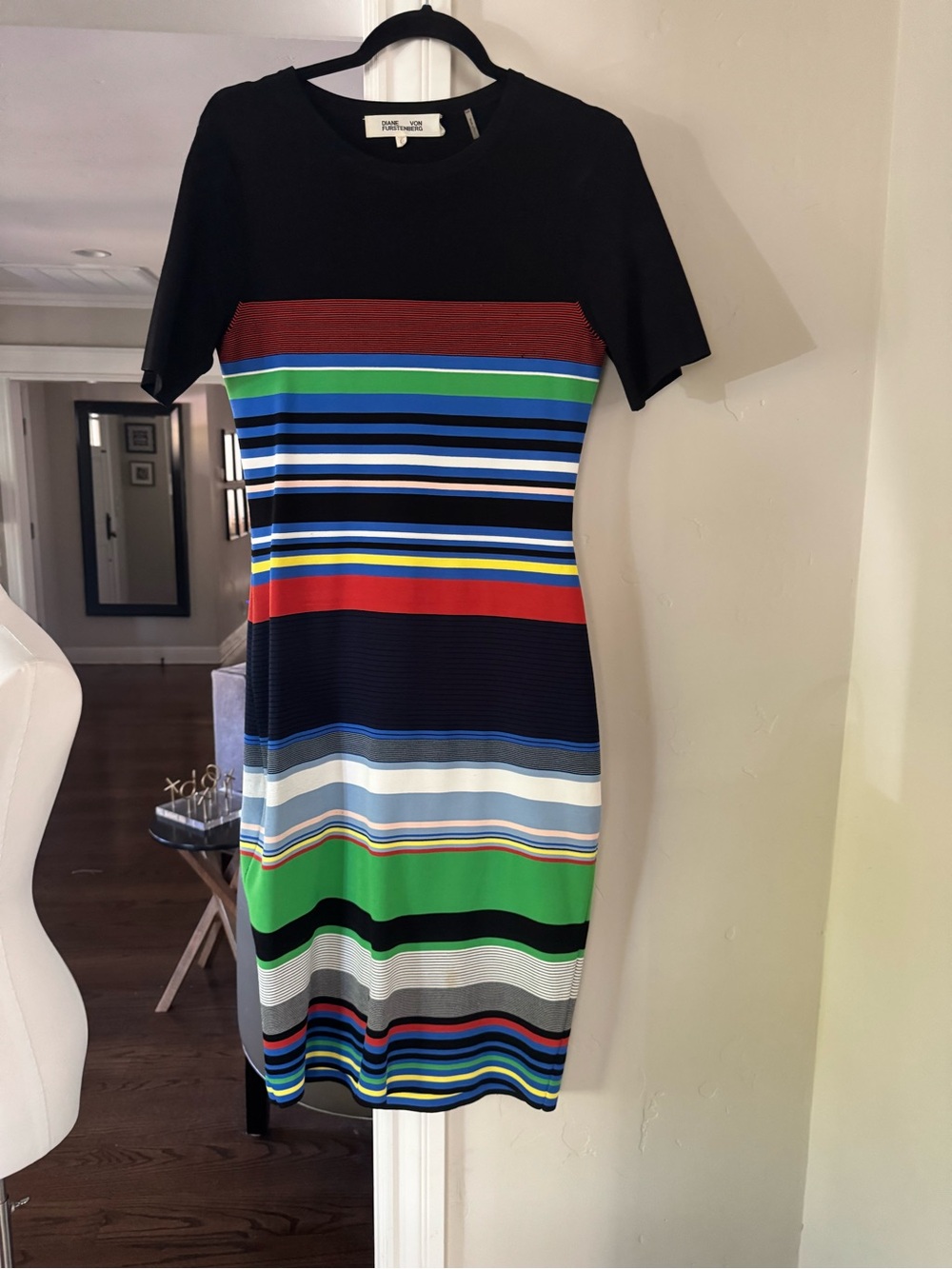 Diane Von Furstenberg Black Top Multicolor Striped Knit Dress